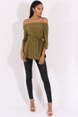 Green Bardot Tie Waist Top - Angie
