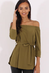 Green Bardot Tie Waist Top - Angie