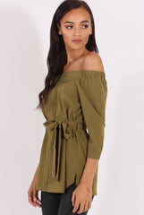 Green Bardot Tie Waist Top - Angie