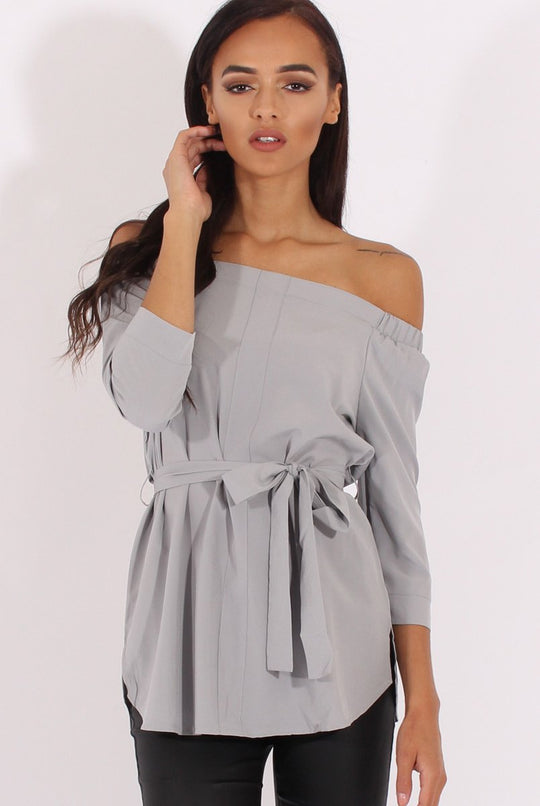 Grey Bardot Tie Waist Top - Angie