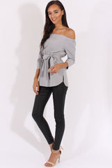 Grey Bardot Tie Waist Top - Angie