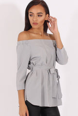 Grey Bardot Tie Waist Top - Angie