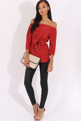 Red Bardot Tie Waist Top - Angie