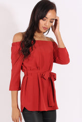 Red Bardot Tie Waist Top - Angie