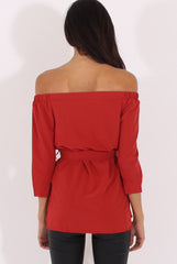 Red Bardot Tie Waist Top - Angie