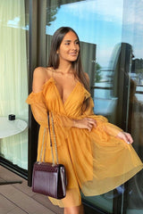 Mustard Plunge Tulle Ruffle Cross Back Dress - Aerial