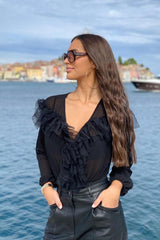 Black Tulle Ruffle Plunge Bodysuit - Jolie