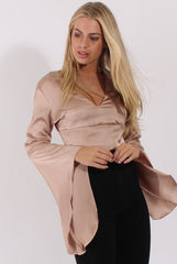 Champagne Silk Flare Sleeves Crop Top - Anise