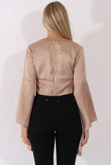 Champagne Silk Flare Sleeves Crop Top - Anise