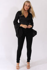 Black Silk Flare Sleeves Crop Top - Anise