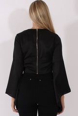 Black Silk Flare Sleeves Crop Top - Anise