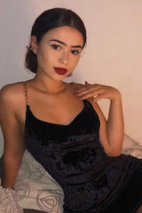 Black Velour Plunge Chain Strap Mini Dress - Frankie