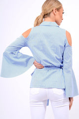 Blue Striped Cold Shoulder Tie Shirt - Aniyah