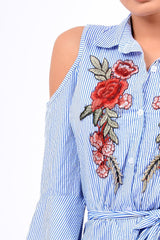 Blue Striped Cold Shoulder Tie Shirt - Aniyah