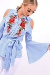 Blue Striped Cold Shoulder Tie Shirt - Aniyah