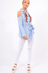 Blue Striped Cold Shoulder Tie Shirt - Aniyah