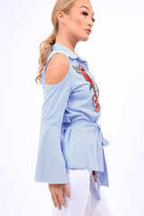 Blue Striped Cold Shoulder Tie Shirt - Aniyah