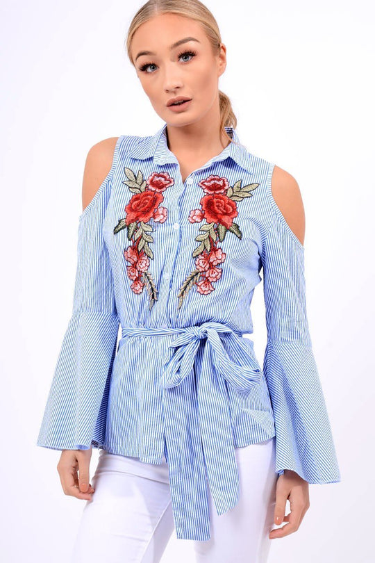 Blue Striped Cold Shoulder Tie Shirt - Aniyah