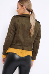 Khaki Suede Biker Jacket - Anja
