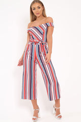 Red Stripe Bardot Culotte Jumpsuit - Annarae