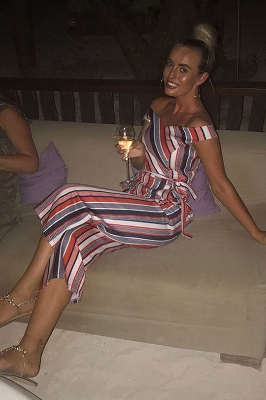 Red Stripe Bardot Culotte Jumpsuit - Annarae