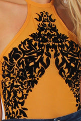 Mustard Mesh Flocked Halter Neck Bodysuit - Annetta
