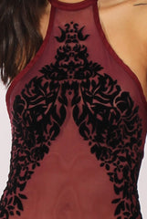 Wine Mesh Flocked Halter Neck Bodysuit - Annetta