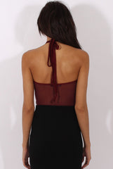 Wine Mesh Flocked Halter Neck Bodysuit - Annetta