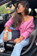 Pink Chunky Knit Button Up Crop Cardigan - Elly