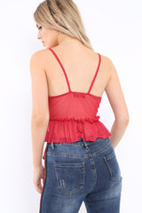 Red Mesh Frill Hem Crop Top - Annora