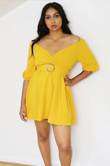 Mustard Plunge Crepe Belted Dress - Baily