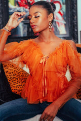 Mustard Tulle Ruffle Mesh Long Sleeve Tie Front Top - Abbi