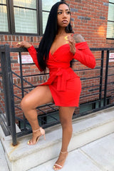 Red Off The Shoulder Blazer Dress - Halia