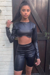 Black Coated Long Sleeve Moulded Crop Top - Indie