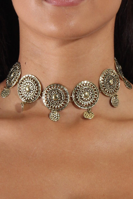 Gold Large Metal Medallion Choker - Aphrodite