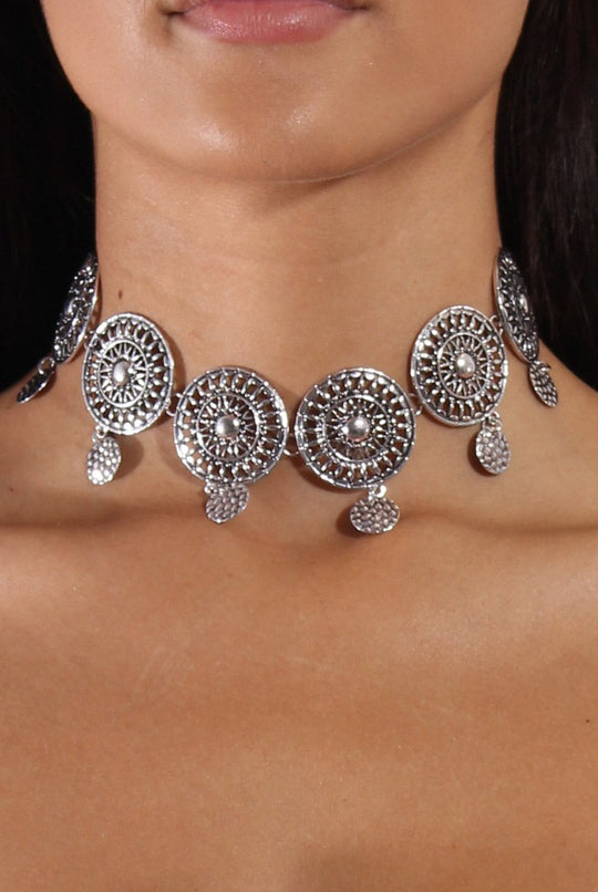 Silver Large Metal Medallion Choker - Aphrodite