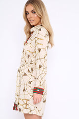 Apricot Rope Print Shirt Dress with Red and Green Trim - Allena