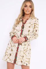 Apricot Rope Print Shirt Dress with Red and Green Trim - Allena