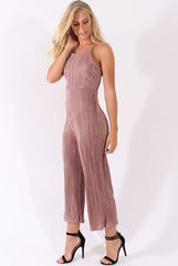 Mauve Metallic Pleated Cropped Jumpsuit - Arabella