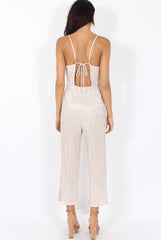 Champagne Metallic Pleated Cropped Jumpsuit - Arabella