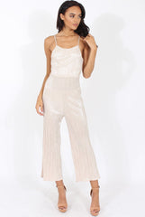 Champagne Metallic Pleated Cropped Jumpsuit - Arabella