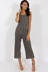 Khaki Metallic Pleated Cropped Jumpsuit - Arabella