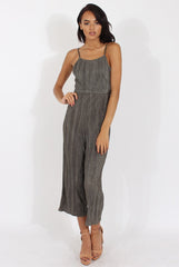 Khaki Metallic Pleated Cropped Jumpsuit - Arabella
