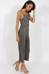 Khaki Metallic Pleated Cropped Jumpsuit - Arabella