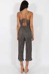 Khaki Metallic Pleated Cropped Jumpsuit - Arabella