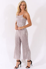 Silver Metallic Pleated Cropped Jumpsuit - Arabella