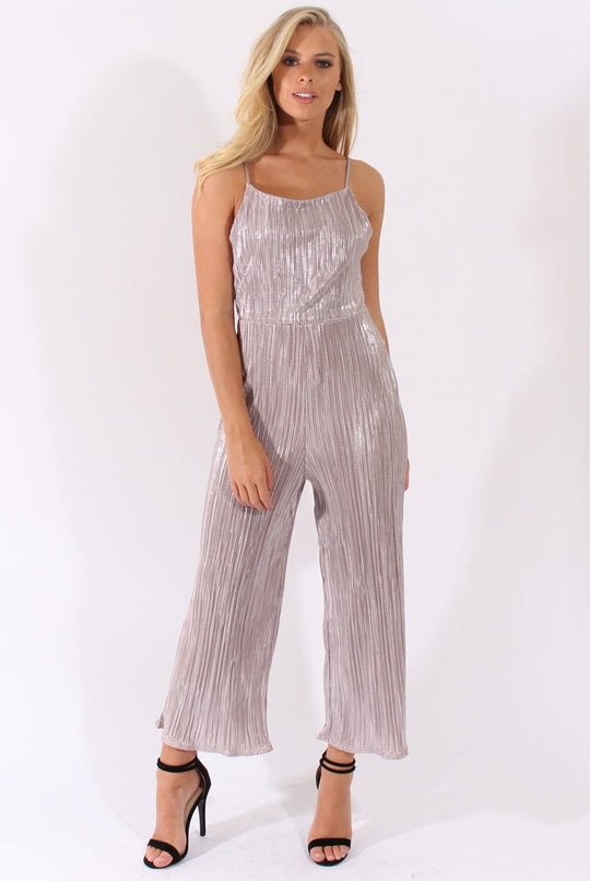 Silver Metallic Pleated Cropped Jumpsuit - Arabella