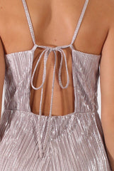 Silver Metallic Pleated Cropped Jumpsuit - Arabella