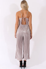 Silver Metallic Pleated Cropped Jumpsuit - Arabella