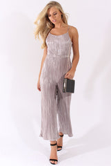 Silver Metallic Pleated Cropped Jumpsuit - Arabella